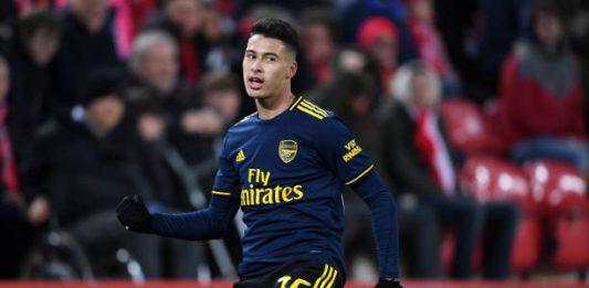LIVERPOOL, ENGLAND - OCTOBER 30: Gabriel Martinelli of Arsenal celebrates after scoring his team's second goal during the Carabao Cup Round of 16 match between Liverpool and Arsenal at Anfield on October 30, 2019 in Liverpool, England. (Photo by Laurence Griffiths/Getty Images)