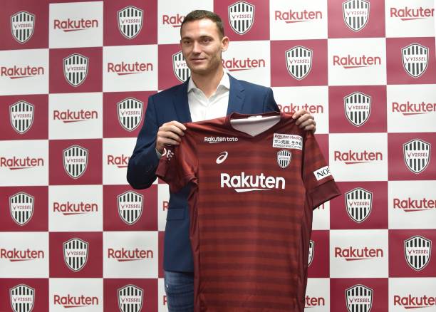 Japanese football club Vissel Kobe's new player Thomas Vermaelen of Belgian poses with his new uniform during a press conference at Noevir Stadium ...