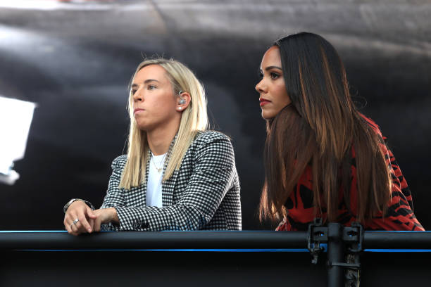 Arsenal lead women's football double-header call 2 LE HAVRE, FRANCE - JUNE 14: Jordan Nobbs and Alex Scott look on from the TV studio during the 2019 FIFA Women's World Cup France group D match between England and Argentina at on June 14, 2019 in Le Havre, France. (Photo by Marc Atkins/Getty Images)
