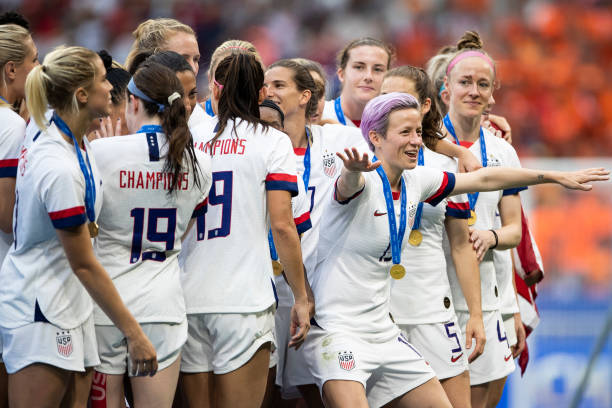 LYON, FRANCE - JULY 07: Megan Rapinoe of the USA celebrates following her sides victory in the 2019 FIFA Women's World Cup France Final match between The United States of America and The Netherlands at Stade de Lyon on July 07, 2019 in Lyon, France. (Photo by Maja Hitij/Getty Images)