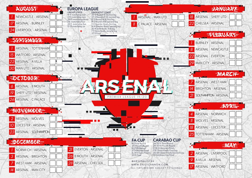 Free printables: Arsenal's Premier League Fixtures 3 north london 1920