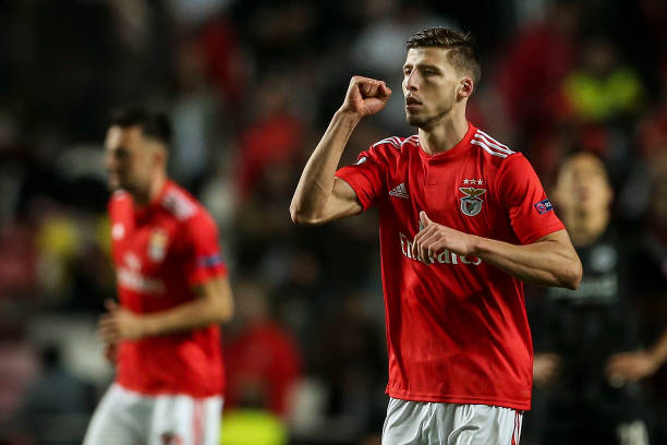 Benfica's Portuguese defender Ruben Dias celebrates after scoring a goal during the UEFA Europa league quarter final first leg football match betwe...