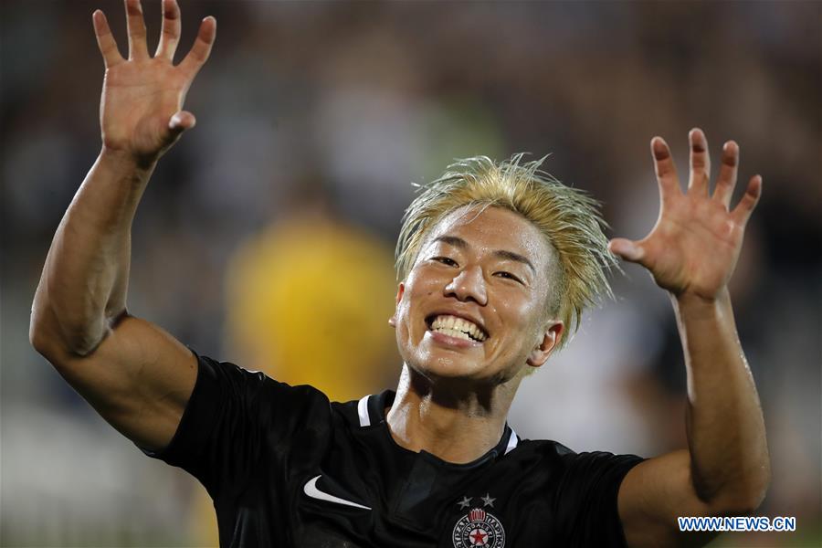Takuma Asano after scoring on his debut for Partizan Belgrade on Thursday, 8th August 2019. (Photo via News.cn)