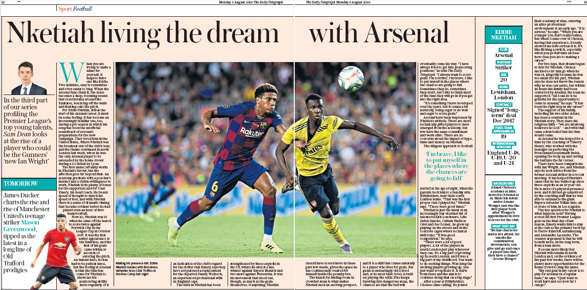 190805 daily telegraph eddie nketiah