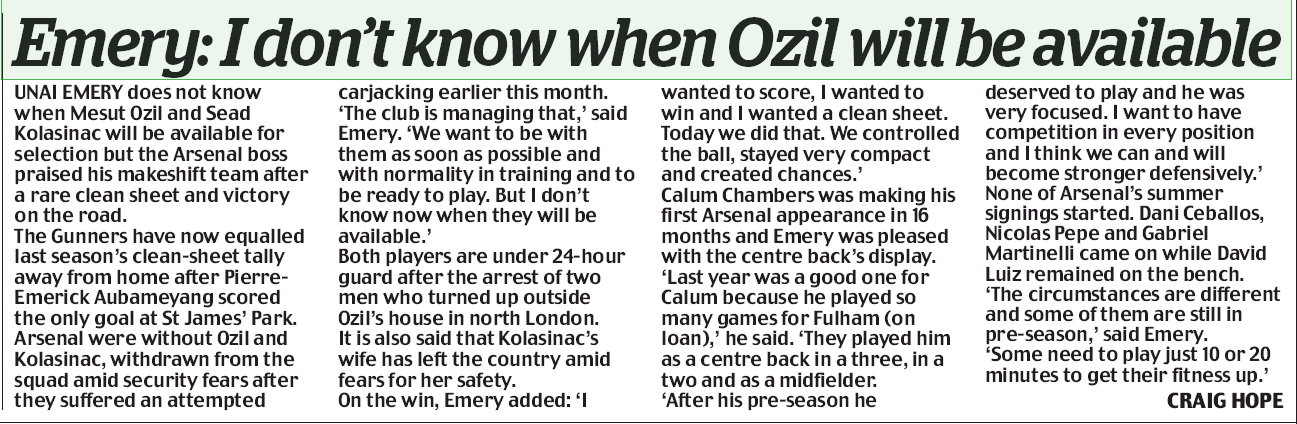190812 daily mail emery ozil kolasinac