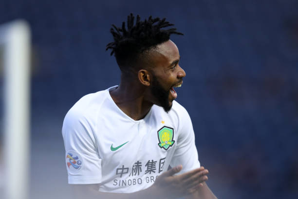 BURI RAM, THAILAND - APRIL 09: Cedric Bakambu of Beijing Guoan celebrates scoring the opening goal during the AFC Champions League Group G match between Buriram United and Beijing Guoan at Chang Arena on April 9, 2019 in Buri Ram, Thailand. (Photo by Pakawich Damrongkiattisak/Getty Images)