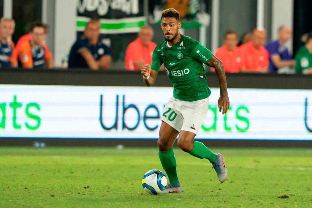 Saint-Etienne forward Denis Bouanga dribbles during the fourth match in the French Ligue 1 preseason football tournament between Saint-Etienne and ...