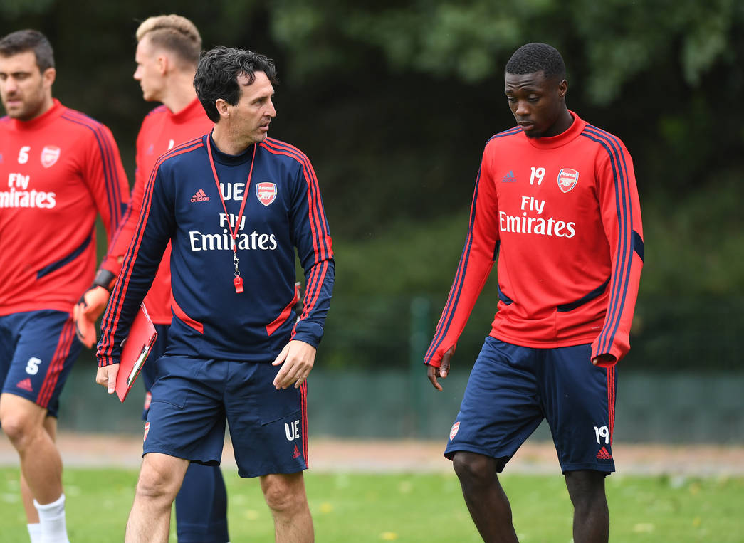 ST ALBANS, ENGLAND - AUGUST 10: Nicolas Pepe of Arsenal during at London Colney on August 10, 2019, in St Albans, England. (Photo by Stuart MacFarl...
