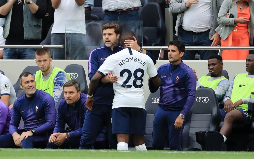 LONDON, ENGLAND - AUGUST 10: Tanguy Ndombele of Tottenham Hotspur is greeted by Mauricio Pochettino, Manager of Tottenham Hotspur after Tanguy Ndombele is substituted off during the Premier League match between Tottenham Hotspur and Aston Villa at Tottenham Hotspur Stadium on August 10, 2019, in London, United Kingdom. (Photo by Marc Atkins/Getty Images)