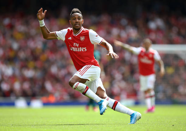 LONDON, ENGLAND - AUGUST 17: Pierre-Emerick Aubameyang of Arsenal in action during the Premier League match between Arsenal FC and Burnley FC at Emirates Stadium on August 17, 2019 in London, United Kingdom. (Photo by Julian Finney/Getty Images)