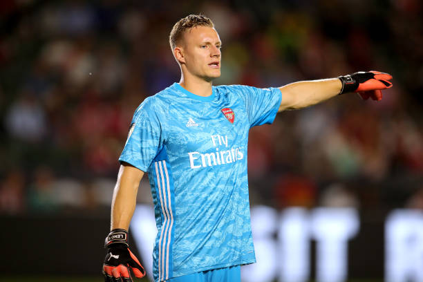 CARSON, CALIFORNIA - JULY 17: Bernd Leno of Arsenal London gives instructions during the 2019 International Champions Cup match between Arsenal Lon...