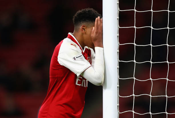 LONDON, ENGLAND - APRIL 30: Dominic Thompson of Arsenal FC reacts after Callum Hudson-Odoi of Chelsea FC (not pictured) scores his sides fourth goa...
