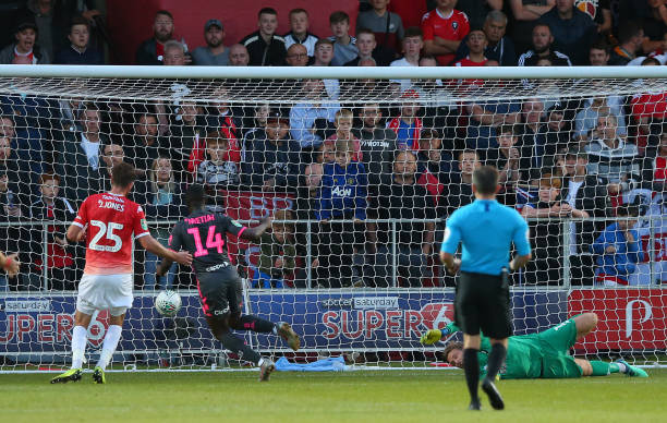 SALFORD, ENGLAND - AUGUST 13: Eddie Nketiah of Leeds United scores the opening goal during the Carabao Cup First Round match between Salford City and Leeds United at Moor Lane on August 13, 2019 in Salford, England. (Photo by Alex Livesey/Getty Images)