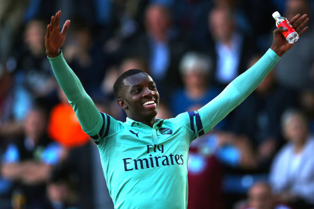 BURNLEY, ENGLAND - MAY 12: Eddie Nketiah of Arsenal celebrates after scoring his goal during the Premier League match between Burnley FC and Arsena...