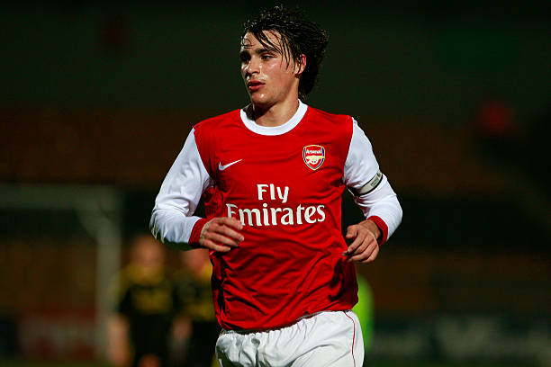 LONDON, ENGLAND - MARCH 16: Ignasi Miquel of Arsenal looks on during the Barclays Premier Reserve League match between Arsenal and Liverpool at the...