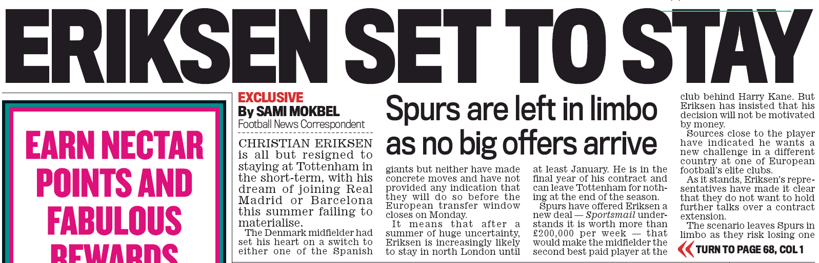 Tottenham get Dele Alli boost before Arsenal game 3 Daily Mail back page, 27 August 2019