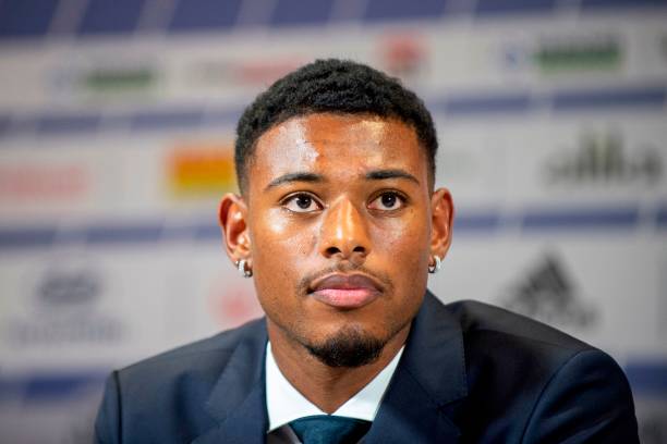 Lyon's new French midfielder Jeff Reine-Adelaide, on transfer from French football club Angers SCO until 2024, looks on during a press conference o...