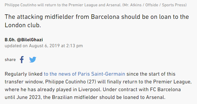 L'Equipe: Philippe Coutinho will join Arsenal on loan 3 lequipe coutinho