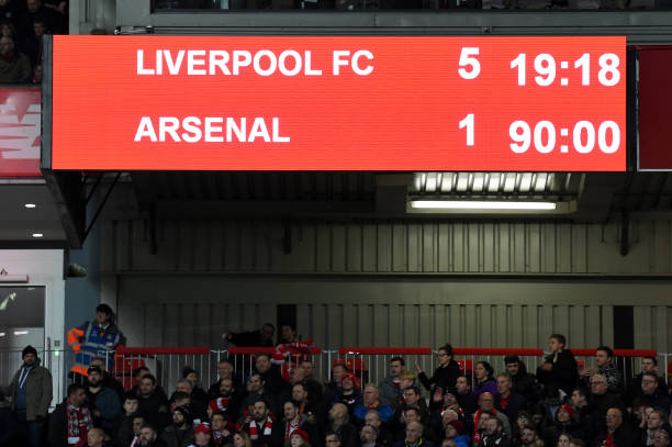 Liverpool's defence gives Arsenal a real chance 2 The scoreboard shows the final score for 5-1 to Liverpool at the 90 minute mark during the English Premier League football match between Liverpool and Arsenal at Anfield in Liverpool, north west England on December 29, 2018. - Liverpool won the match 5-1. (Photo by Paul ELLIS / AFP)
