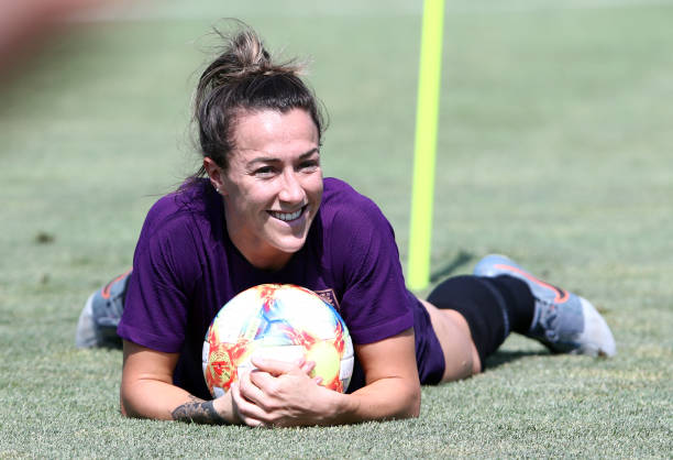NICE, FRANCE - JULY 05: Lucy Bronze lies on the pitch during a England training session during the FIFA Women's World Cup France 2019 at Parc des Sports Charles Ehrmann on July 05, 2019 in Nice, France. (Photo by Alex Grimm/Getty Images)
