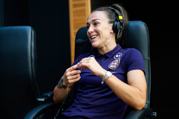 LYON, FRANCE - JULY 01: Lucy Bronze of England speaks to the media during the England Media Access at Lyon Marriott Hotel Cite Internationale on Ju...