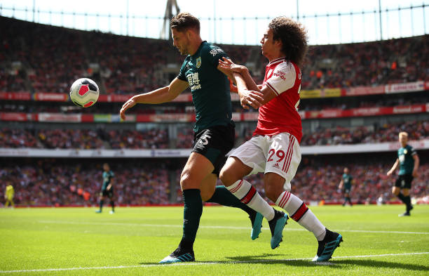 Arsenal to offer Matteo Guendouzi massive payrise and extended contract 2 LONDON, ENGLAND - AUGUST 17: Matteo Guendouzi of Arsenal is closed down by James Tarkowski of Burnley during the Premier League match between Arsenal FC and Burnley FC at Emirates Stadium on August 17, 2019 in London, United Kingdom. (Photo by Julian Finney/Getty Images)