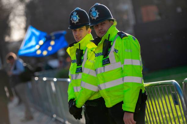 Officers from the Metropolitan Police Service secure the area outside the Houses of Parliament in London on Janaury 8, 2019. - Dozens of British MP...