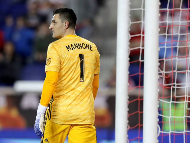 HARRISON, NEW JERSEY - APRIL 06: Vito Mannone #1 of Minnesota United gets in position during the second half against the New York Red Bulls at Red ...