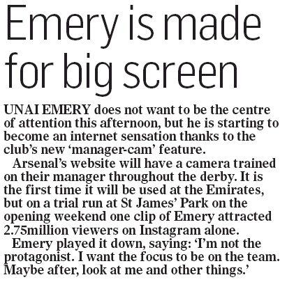 Manager-cam: Arsenal to focus camera on Unai Emery during Tottenham match 3 190901 mail on sunday emery cam