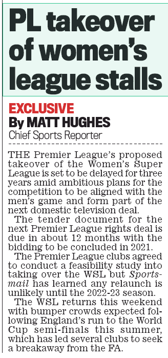 190906 daily mail premier league wsl stall