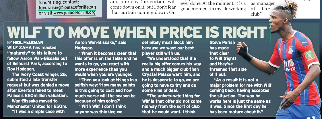 Wilfried Zaha sacks agent over failed Arsenal and Everton moves 5 190912 daily mirror hodgson zaha