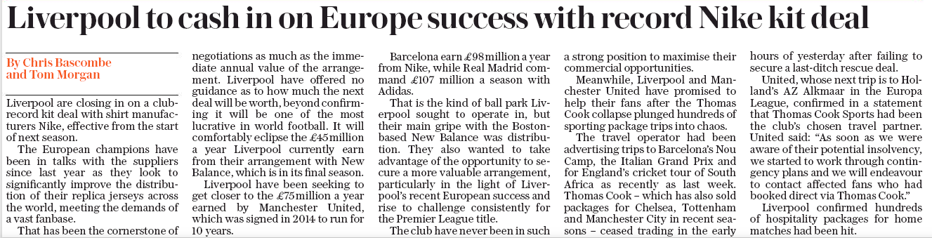 How does Liverpool's new Nike deal compare to Arsenal's Adidas one? 3 190924 daily telegraph liverpool nike deal