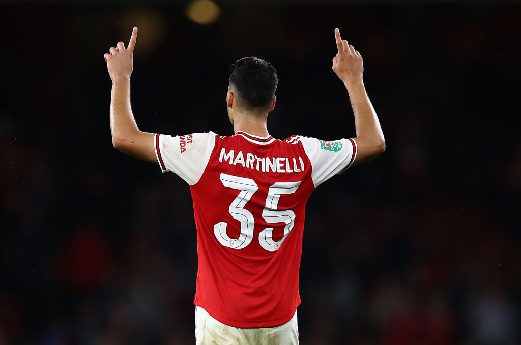 Unai Emery to make 10 changes: Predicted lineup vs Liverpool 2 LONDON, ENGLAND - SEPTEMBER 24: Gabriel Martinelli of Arsenal celebrates scoring the fifth goal during the Carabao Cup Third Round match between Arsenal and Nottingham Forest at Emirates Stadium on September 24, 2019, in London, England. (Photo by Julian Finney/Getty Images)