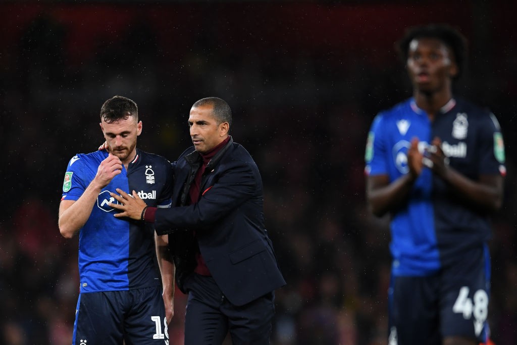 LONDON, ENGLAND - SEPTEMBER 24: Nottingham Forest Manager, Sabri Lamouchi speaks to Jack Robinson after defeat in the Carabao Cup Third Round match...