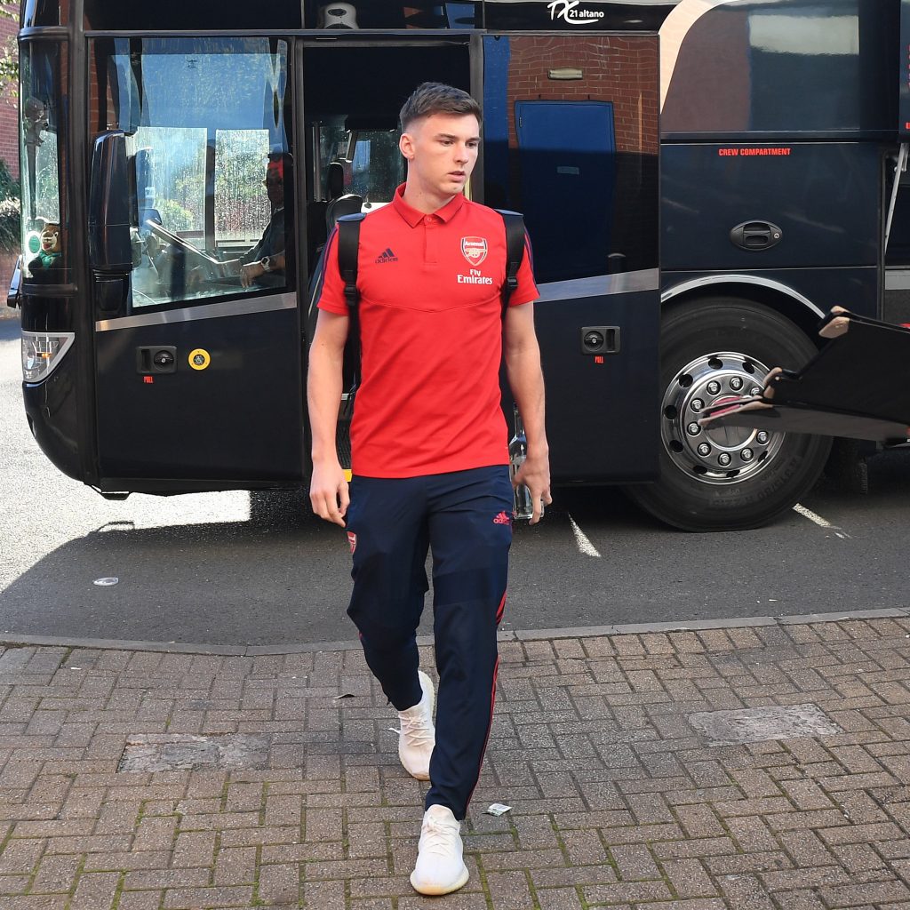 Kieran Tierney arriving for the u23 game against Wolverhampton Wanderers (Photo via Twitter / ArsenalAcademy)