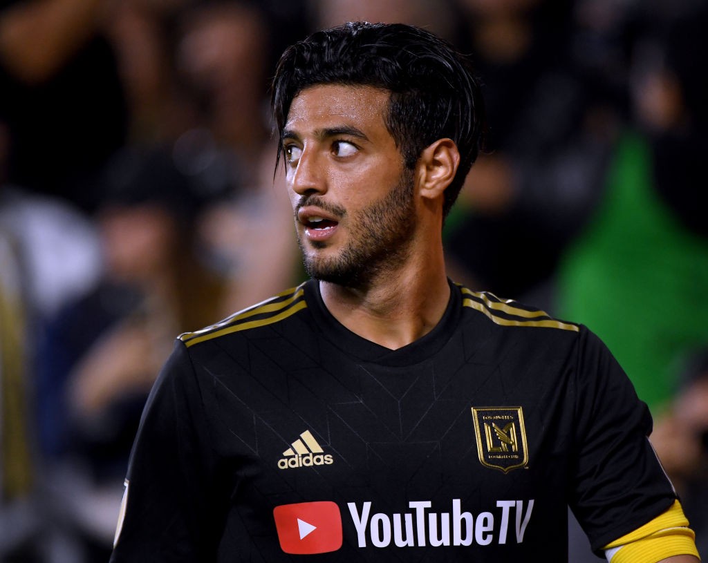 LOS ANGELES, CALIFORNIA - APRIL 13: Carlos Vela #10 of Los Angeles FC reacts after earning a corner kick during a 2-0 win over FC Cincinnati at Ban...