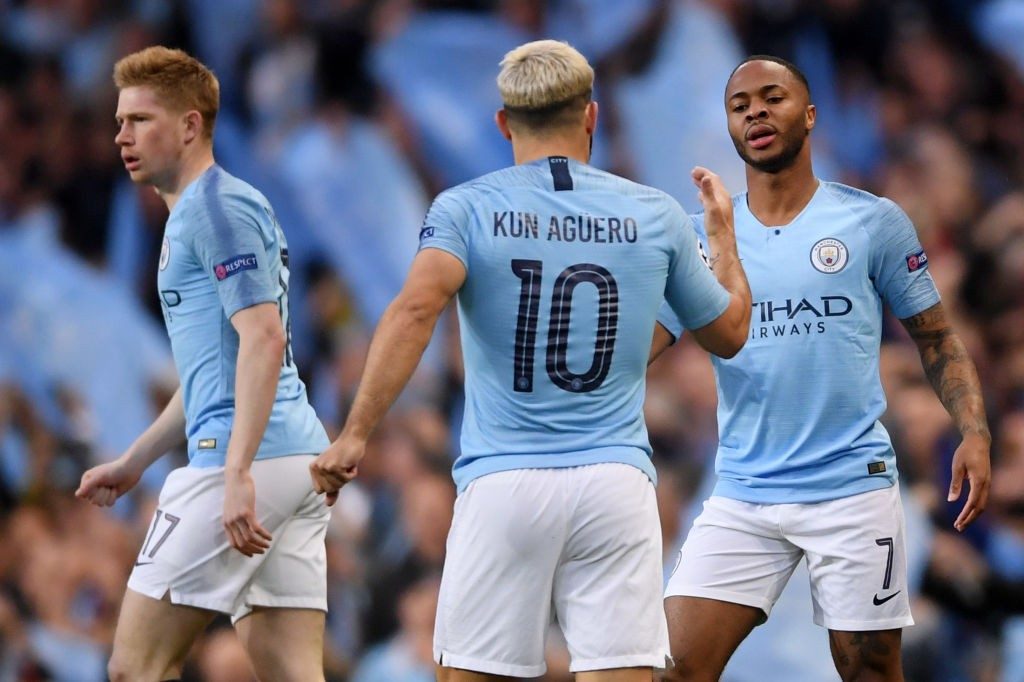 Tim Sherwood and Dion Dublin criticise Pierre-Emerick Aubameyang for giving up Villa penalty 3 MANCHESTER, ENGLAND - APRIL 17: Raheem Sterling of Manchester City celebrates with teammate Sergio Aguero after scoring his team's first goal during the UEFA Champions League Quarter Final second leg match between Manchester City and Tottenham Hotspur at at Etihad Stadium on April 17, 2019, in Manchester, England. (Photo by Laurence Griffiths/Getty Images)