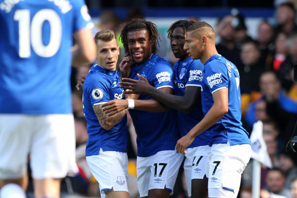 Wilfried Zaha sacks agent over failed Arsenal and Everton moves 4 LIVERPOOL, ENGLAND - SEPTEMBER 01: Alex Iwobi of Everton celebrates with teammates after scoring his team's second goal during the Premier League match between Everton FC and Wolverhampton Wanderers at Goodison Park on September 01, 2019 in Liverpool, United Kingdom. (Photo by Jan Kruger/Getty Images)