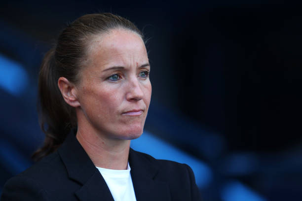 MANCHESTER, ENGLAND - SEPTEMBER 07: Casey Stoney manager of Manchester United looks on prior to the Barclays FA Women's Super League match between ...