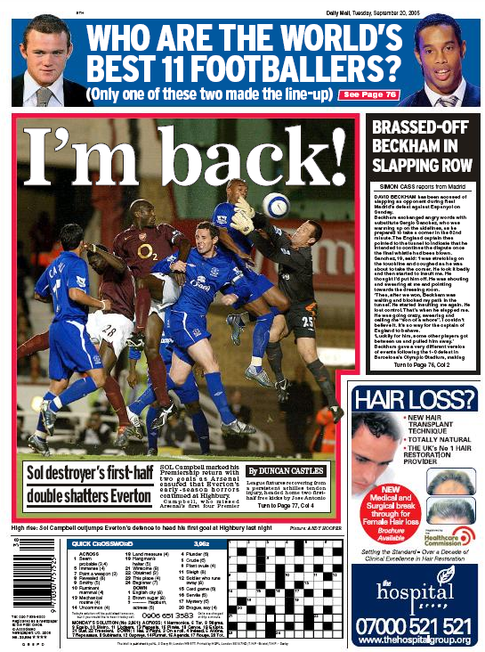 OTD Arsenal beat Everton 2-0 to relieve pressure & give debut to 17yo 4 daily mail 20 september 2005