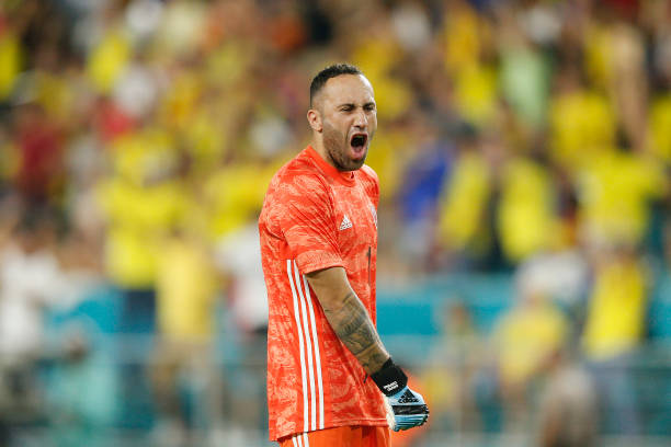 MIAMI, FLORIDA - SEPTEMBER 06: David Ospina #1 of Colombia celebrates after a goal by Luis Murillo #19 (not pictured) against Brazil during the fir...