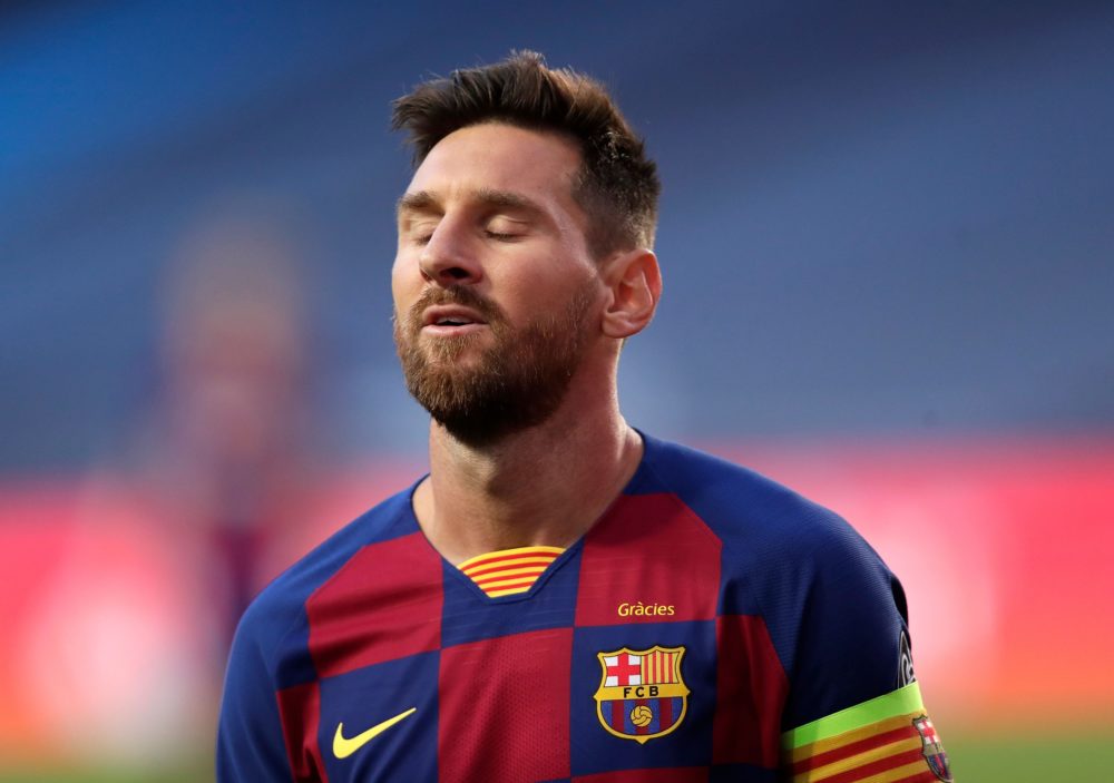Barcelona's Argentinian forward Lionel Messi reacts during the UEFA Champions League quarter-final football match between Barcelona and Bayern Muni...