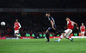 LONDON, ENGLAND - SEPTEMBER 24: Gabriel Martinelli of Arsenal scores the fifth goal during the Carabao Cup Third Round match between Arsenal and Nottingham Forest at Emirates Stadium on September 24, 2019 in London, England. (Photo by Julian Finney/Getty Images)