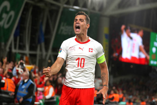 DUBLIN, IRELAND - SEPTEMBER 05: Granit Xhaka of Switzerland celebrates the goal of Fabian Schar during the UEFA Euro 2020 qualifier between Republi...