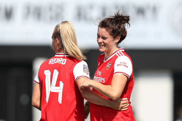 Arsenal Women international call-ups 7 BOREHAMWOOD, ENGLAND - AUGUST 25: Jennifer Beattie of Arsenal celebrates with team mate Jill Roord of Arsenal after scoring her team's second goal during the pre season friendly match between Arsenal Women and Tottenham Hotspur Women at Meadow Park on August 25, 2019 in Borehamwood, England. (Photo by Linnea Rheborg/Getty Images)