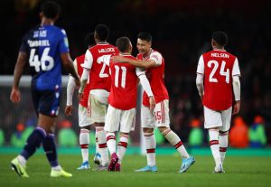 LONDON, ENGLAND - SEPTEMBER 24: Gabriel Martinelli of Arsenal celebrates scoring the fifth goal during the Carabao Cup Third Round match between Arsenal and Nottingham Forest at Emirates Stadium on September 24, 2019 in London, England. (Photo by Julian Finney/Getty Images)