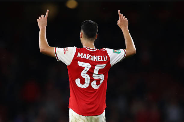 LONDON, ENGLAND - SEPTEMBER 24: Gabriel Martinelli of Arsenal celebrates scoring the fifth goal during the Carabao Cup Third Round match between Ar...