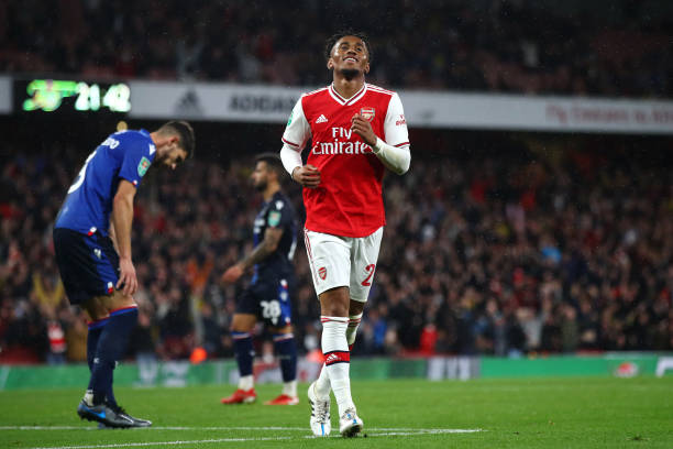10 recently-hyped Arsenal youngsters, where are they now? 20 LONDON, ENGLAND - SEPTEMBER 24: Reiss Nelson of Arsenal celebrates scoring his teams fourth goal of the game during the Carabao Cup Third Round match between Arsenal FC and Nottingham Forrest at Emirates Stadium on September 24, 2019 in London, England. (Photo by Julian Finney/Getty Images)