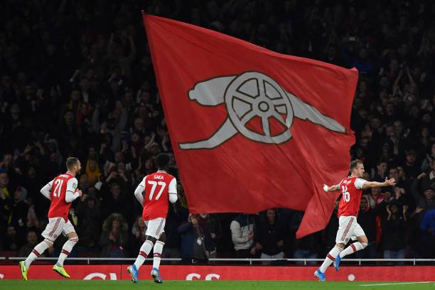 Premier League clubs want League Cup off next season 2 Arsenal's English defender Rob Holding (R) celebrates scoring his team's second goal during the English League Cup third round football match between Arsenal and Nottingham Forest at the Emirates Stadium in London on September 24, 2019. (Photo by Ben STANSALL / AFP)