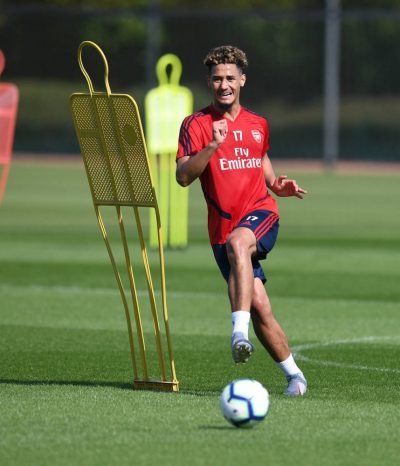 ST ALBANS, ENGLAND - SEPTEMBER 13: of Arsenal during a training session at London Colney on September 13, 2019 in St Albans, England. (Photo by Stuart MacFarlane/Arsenal FC via Getty Images)